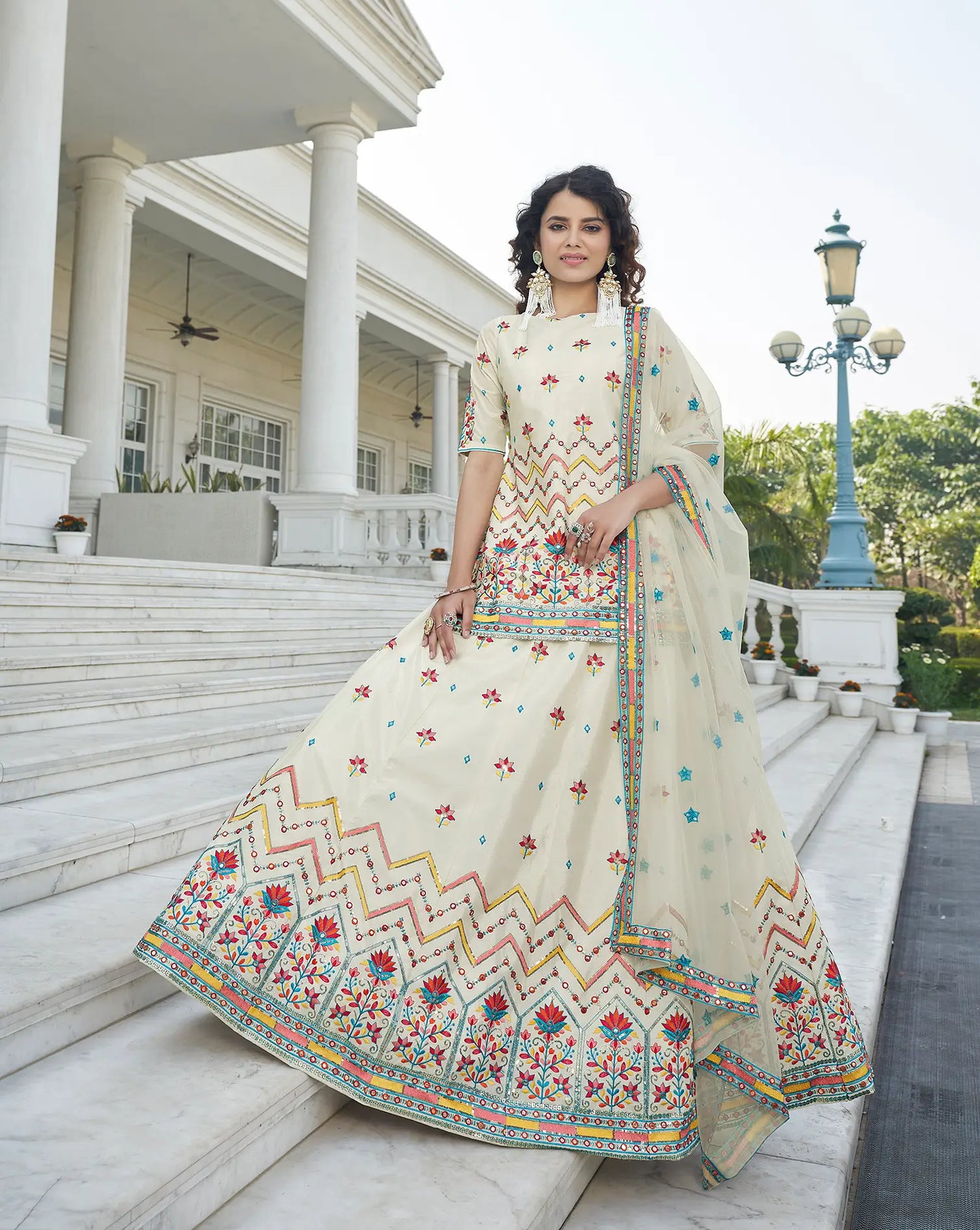 Beige Chinon Gota Patti With Thread & Sequence Embroidered Work Lehenga Choli
