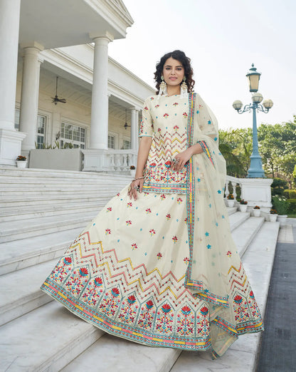 Beige Chinon Gota Patti With Thread & Sequence Embroidered Work Lehenga Choli