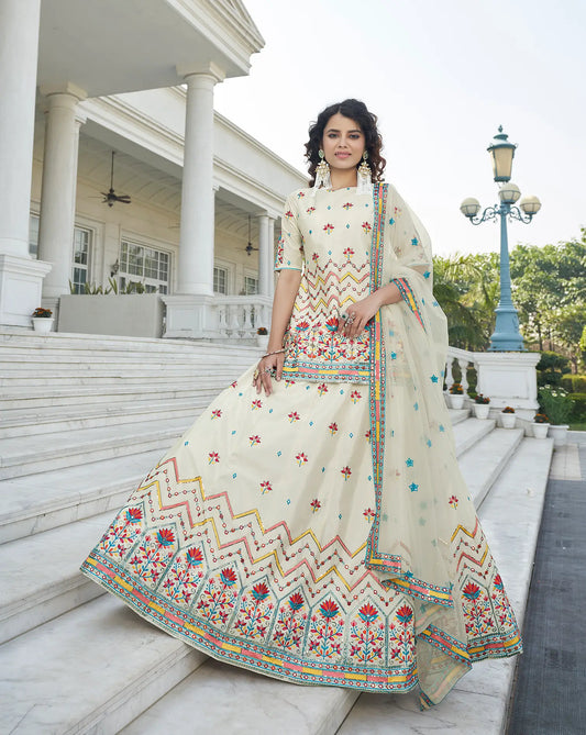 Beige Chinon Gota Patti With Thread & Sequence Embroidered Work Lehenga Choli