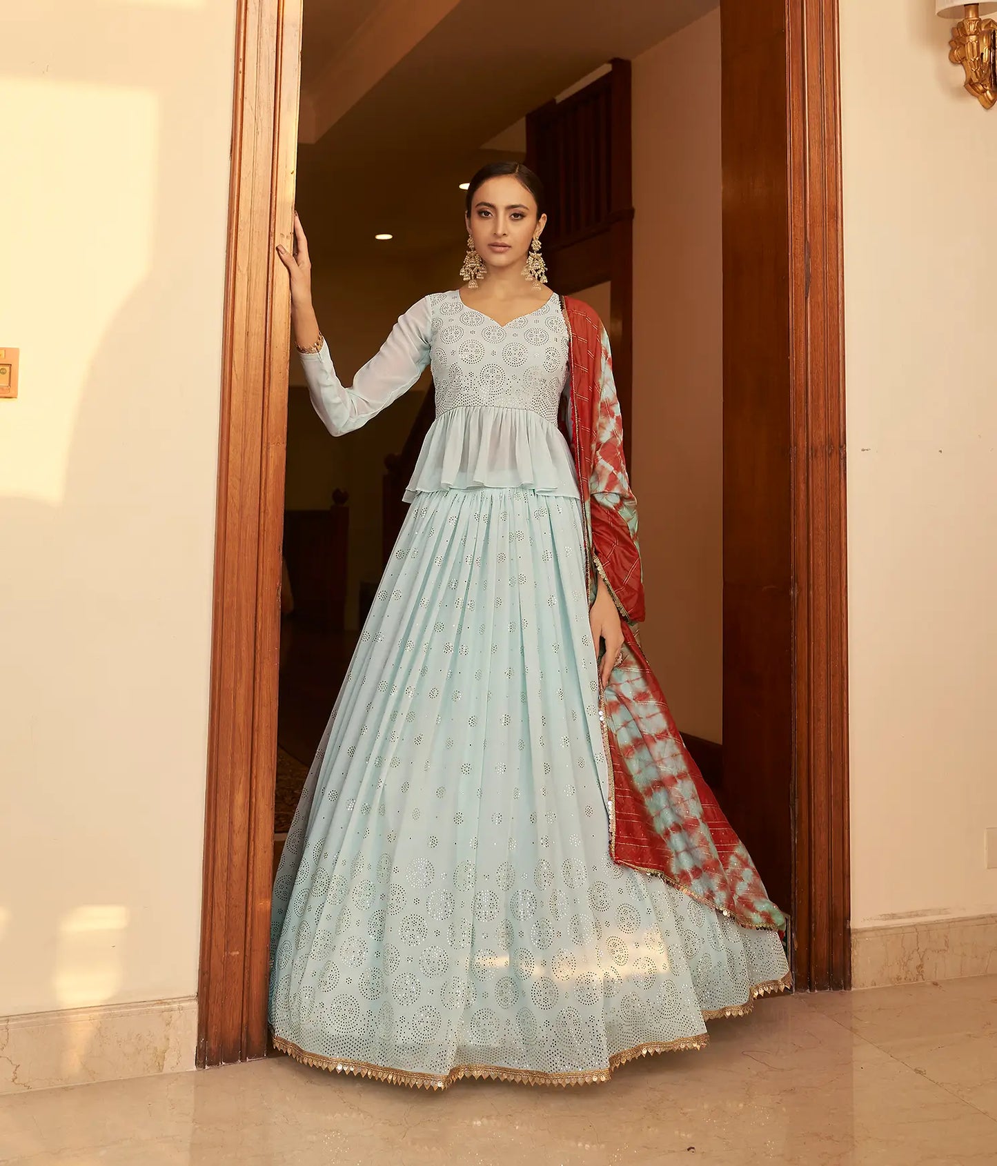 Sky Blue Georgette Embellished Mukaish Work LEhenga Choli