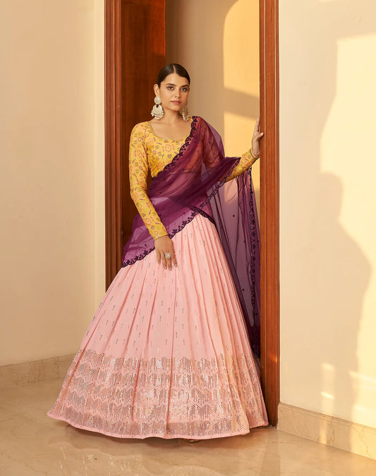 Light Pink Georgette Embellished Mukaish Work LEhenga Choli