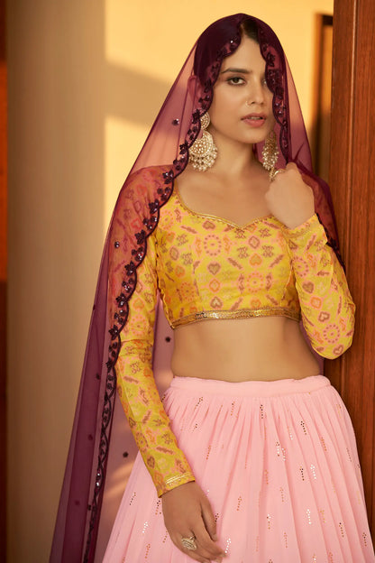 Light Pink Georgette Embellished Mukaish Work LEhenga Choli