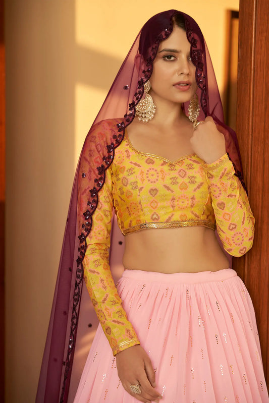 Light Pink Georgette Embellished Mukaish Work LEhenga Choli