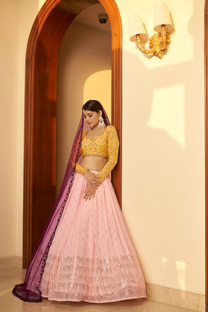 Light Pink Georgette Embellished Mukaish Work LEhenga Choli