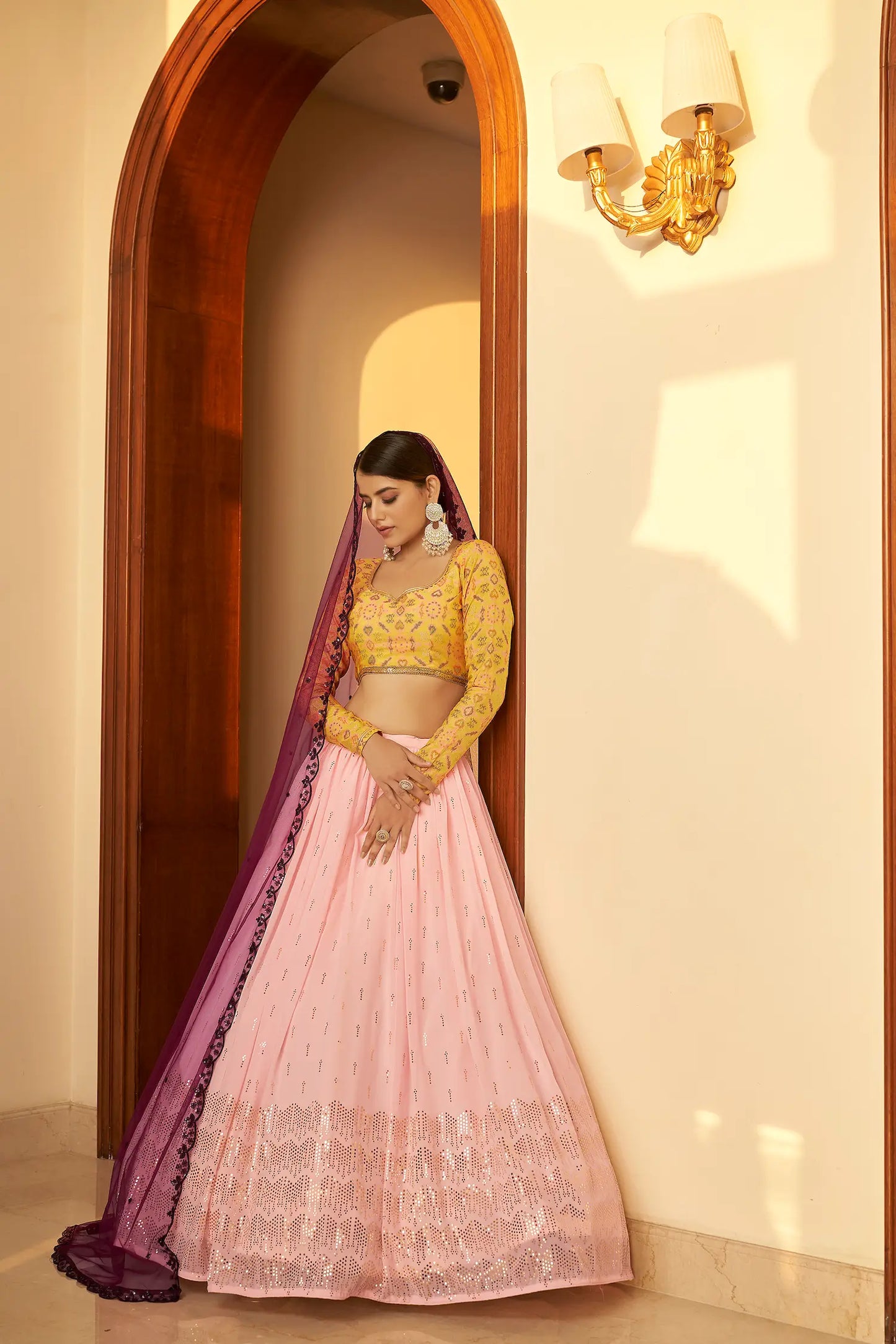 Light Pink Georgette Embellished Mukaish Work LEhenga Choli