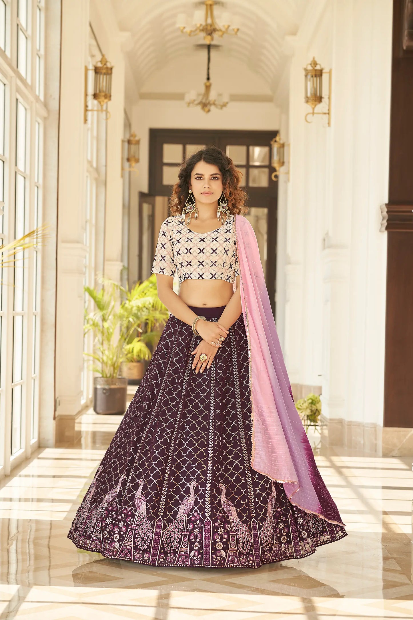 Wine Thread With Sequins Embroidered Work With Printed Dupatta