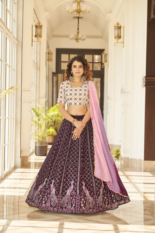 Wine Thread With Sequins Embroidered Work With Printed Dupatta