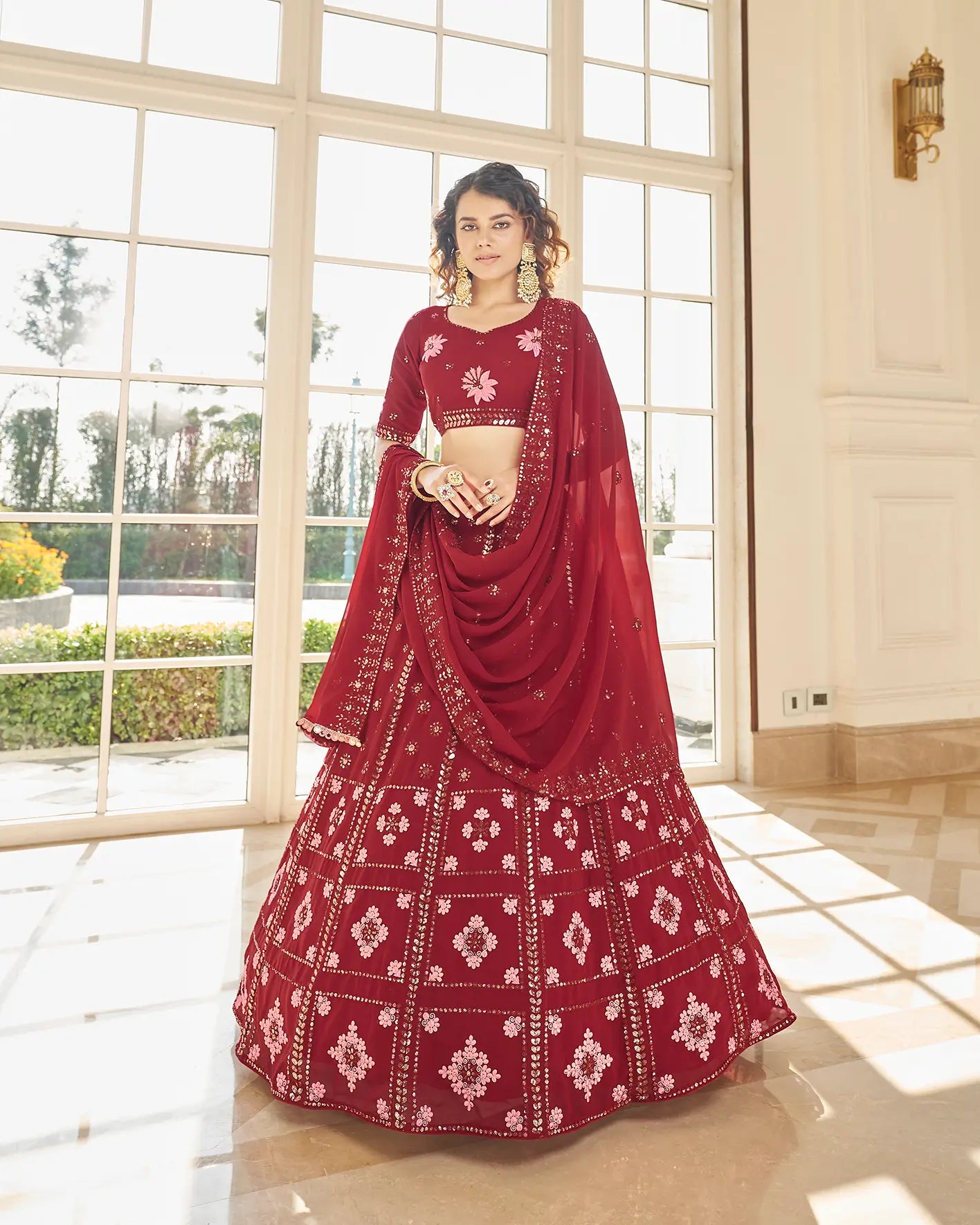 Red Georgette Thread & Sequence Embroidered Work Lehenga Choli