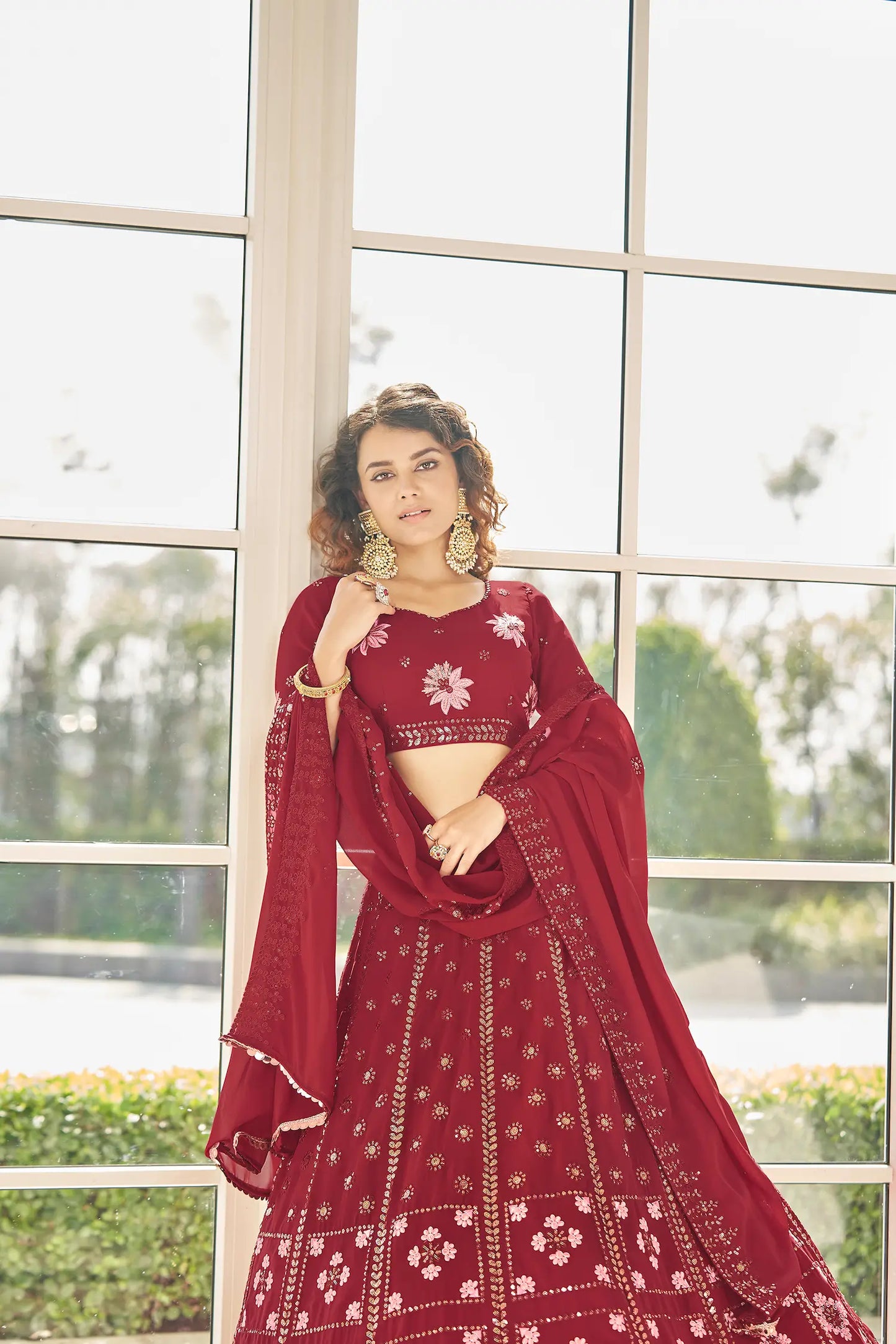 Red Georgette Thread & Sequence Embroidered Work Lehenga Choli