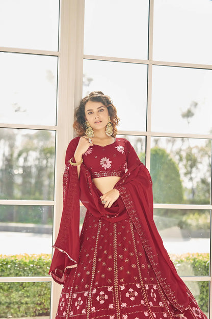 Red Georgette Thread & Sequence Embroidered Work Lehenga Choli