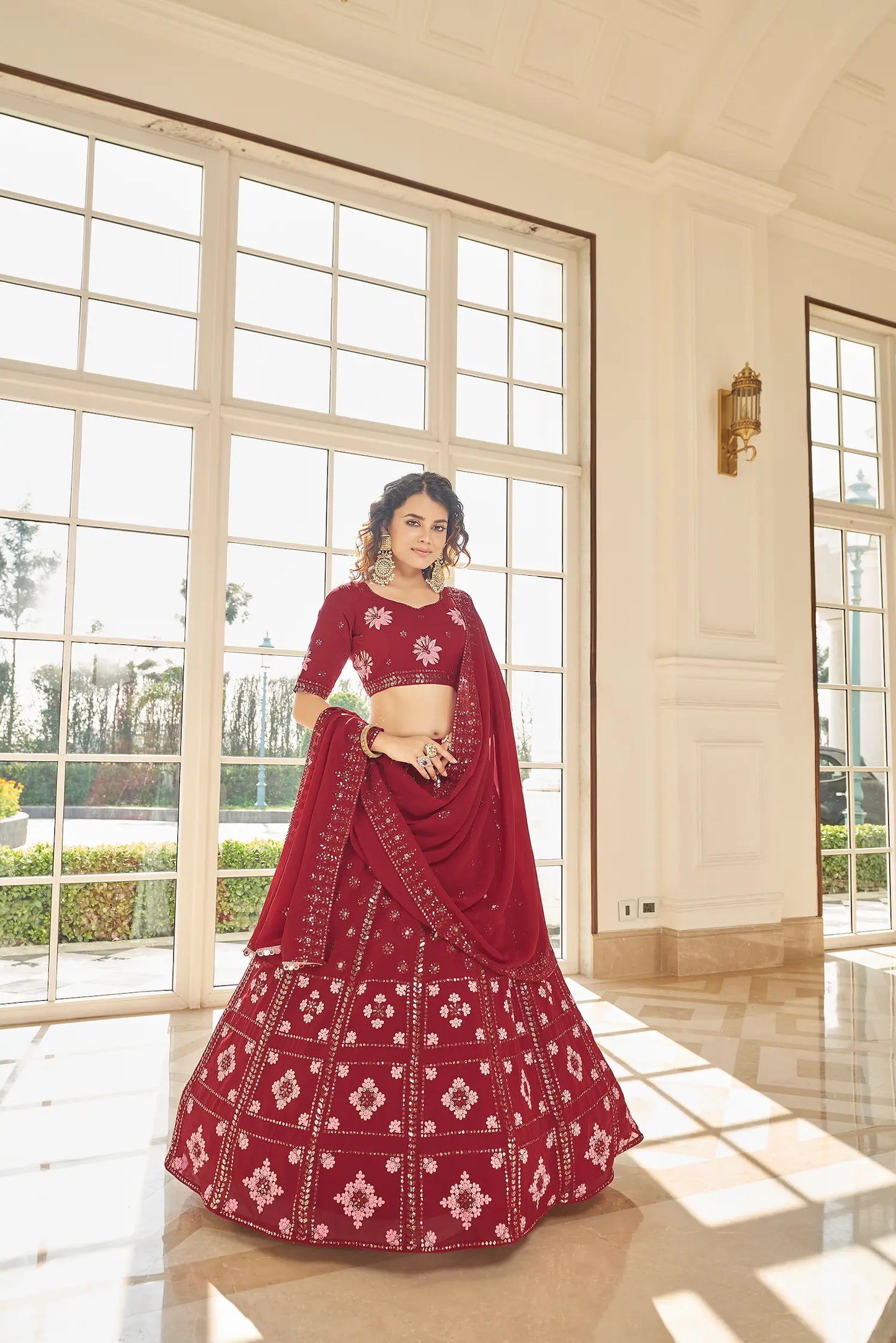 Red Georgette Thread & Sequence Embroidered Work Lehenga Choli