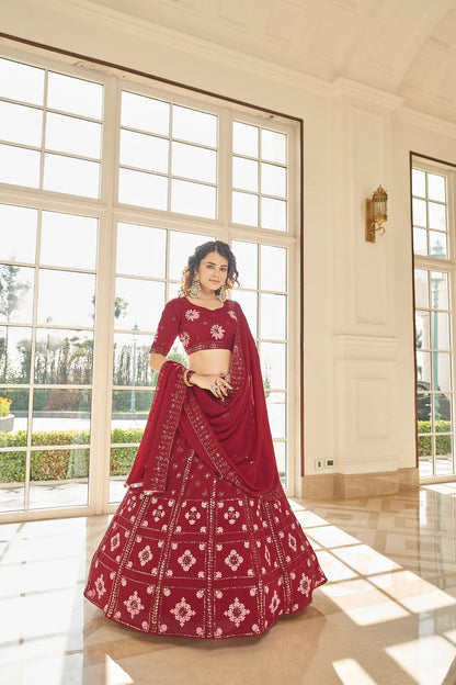 Red Georgette Thread & Sequence Embroidered Work Lehenga Choli