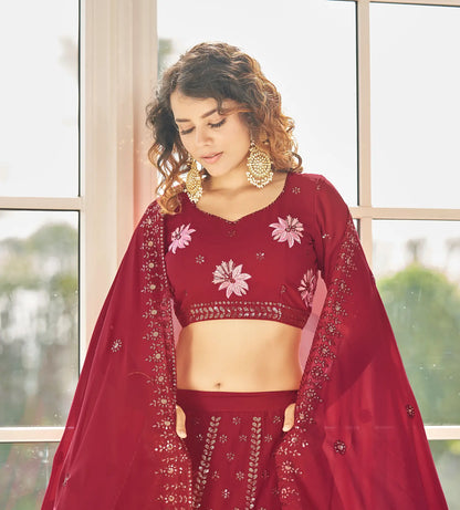 Red Georgette Thread & Sequence Embroidered Work Lehenga Choli