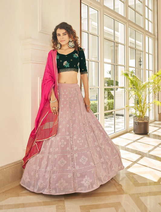 Dusty Pink Georgette Thread & Sequence Embroidered Work Lehenga Choli