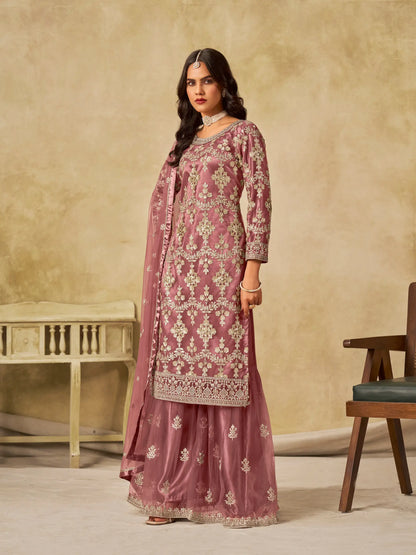 Brownish Pink Net Palazzo Suit With Sequins Embroidery