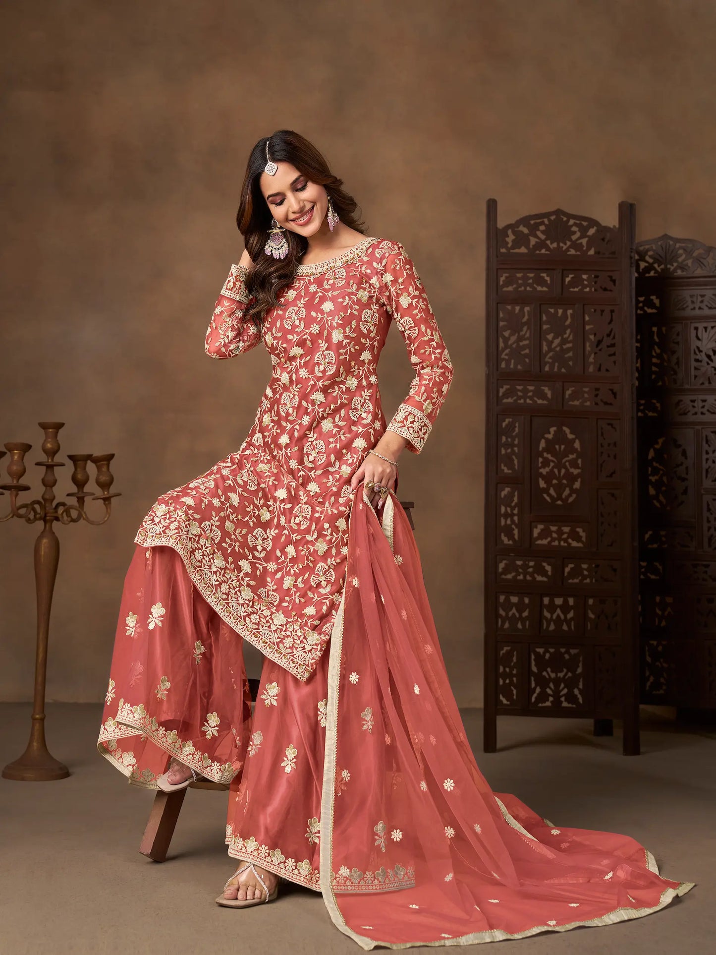 Pastel Red Net Embroidery Palazzo Suit