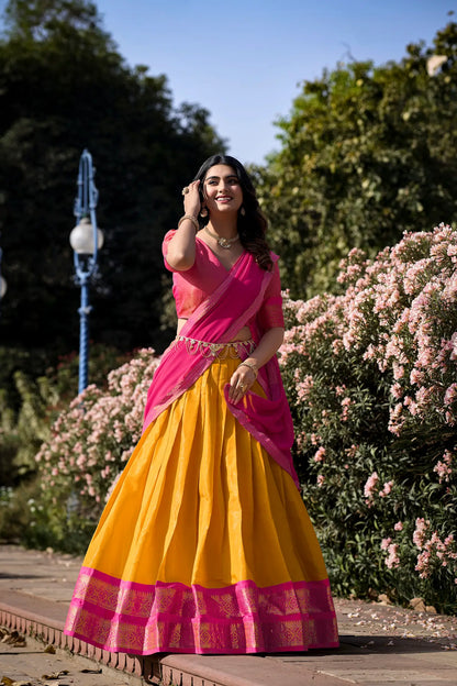 Mustard Kanchipuram Zari Weaving Work Lehenga Choli
