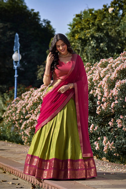 Parrot Green Kanchipuram Zari Weaving Work Lehenga Choli