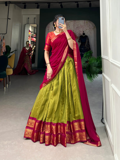 Parrot Green Kanchipuram Zari Weaving Work Lehenga Choli