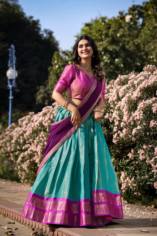 Sea Blue Kanchipuram Zari Weaving Work Lehenga Choli
