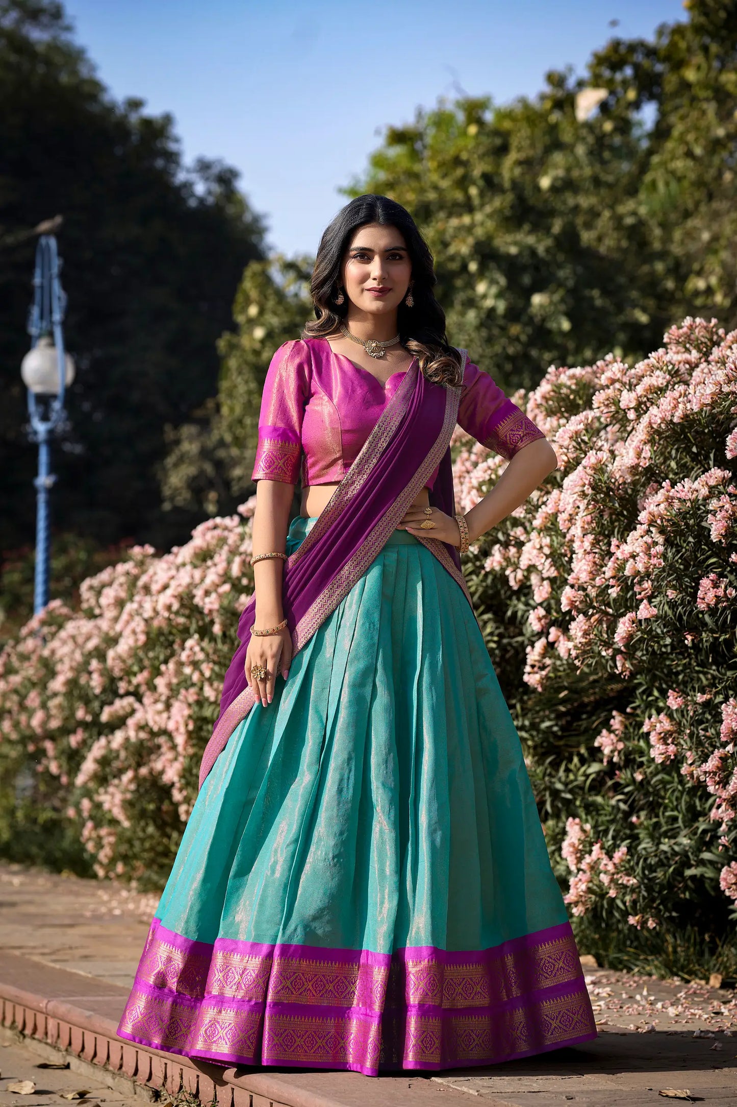 Sea Blue Kanchipuram Zari Weaving Work Lehenga Choli