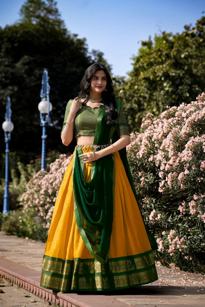 Yellow Kanchipuram Zari Weaving Work Lehenga Choli