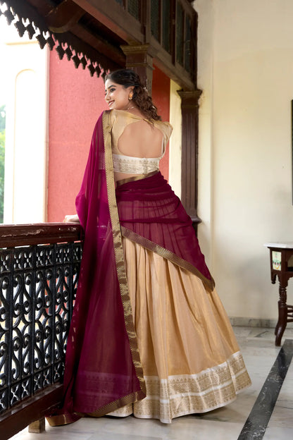 Beige Kanchipuram Zari Weaving Work Lehenga Choli