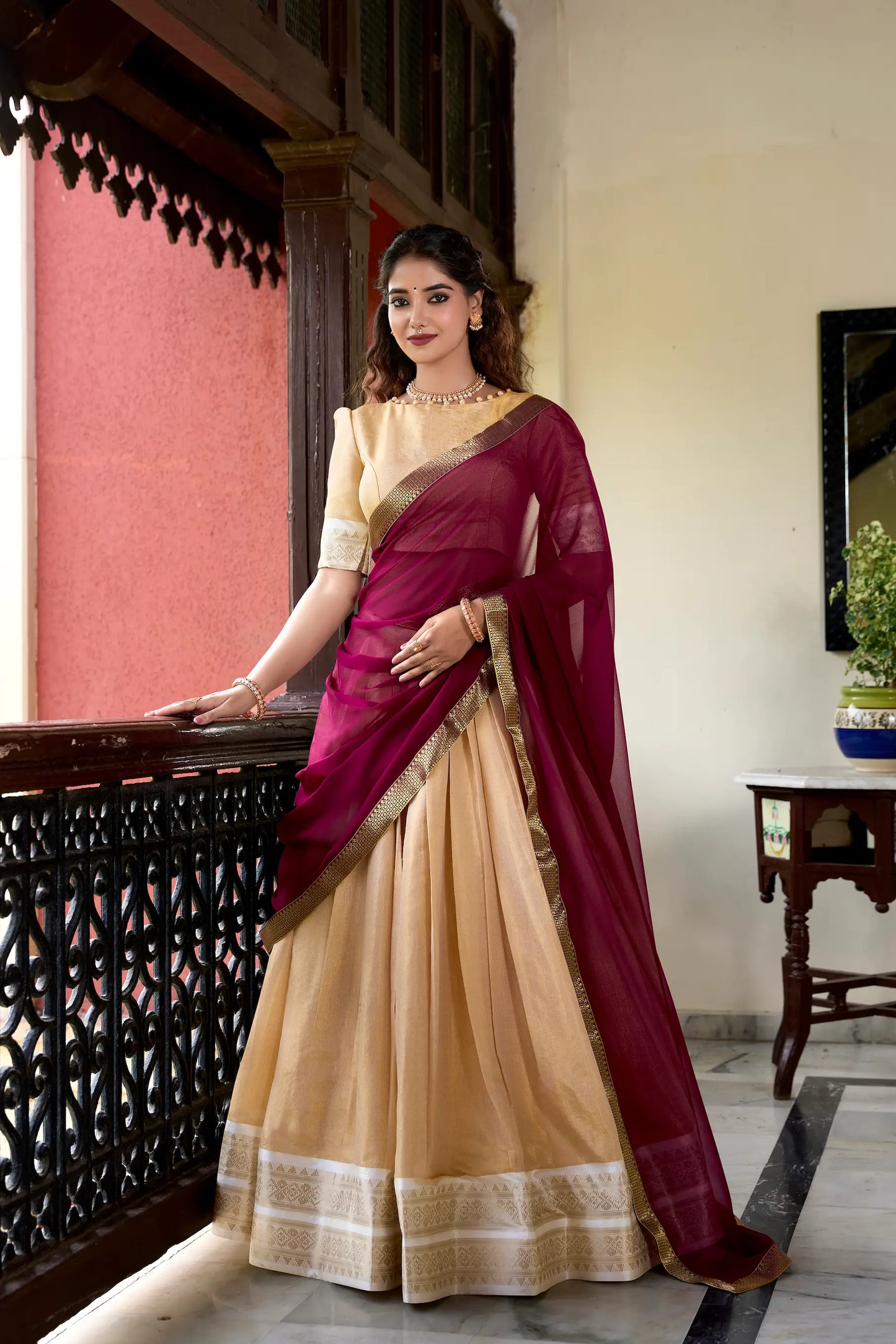 Beige Kanchipuram Zari Weaving Work Lehenga Choli