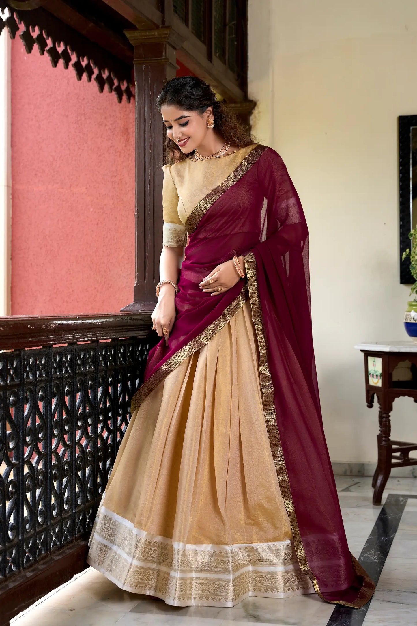 Beige Kanchipuram Zari Weaving Work Lehenga Choli