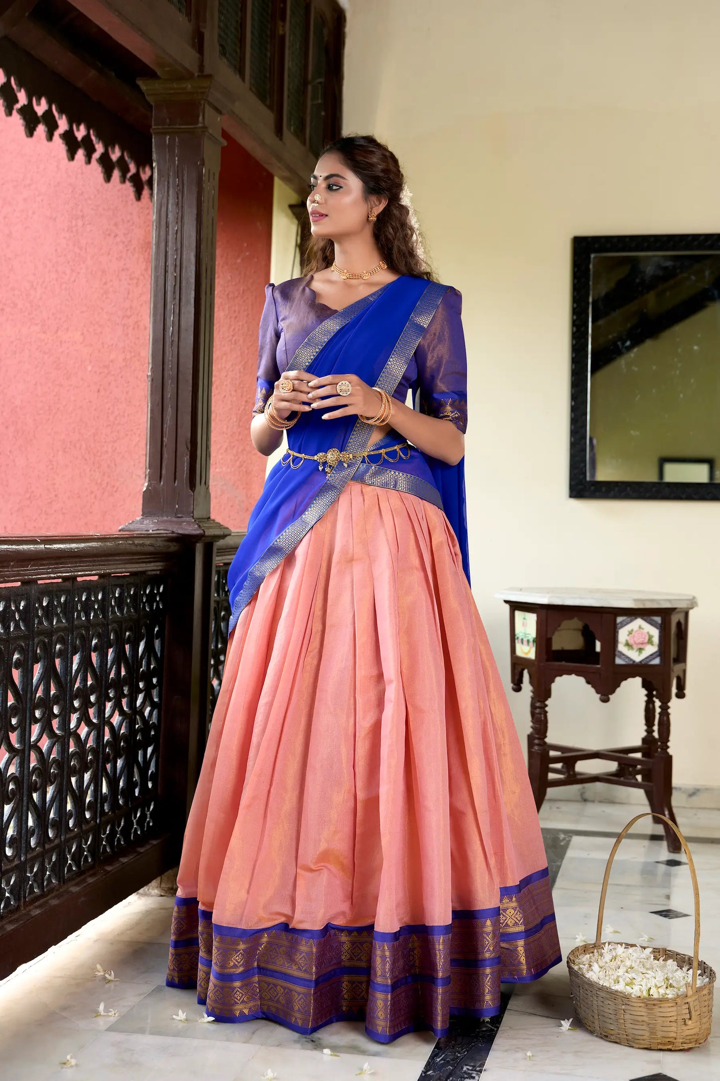Peach Kanchipuram Zari Weaving Work Lehenga Choli