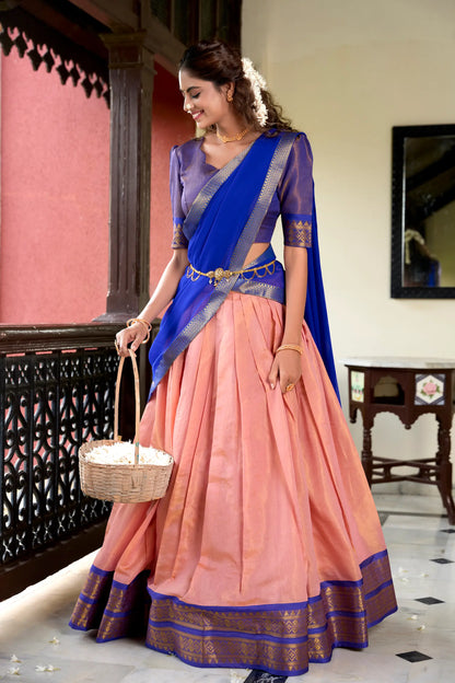 Peach Kanchipuram Zari Weaving Work Lehenga Choli