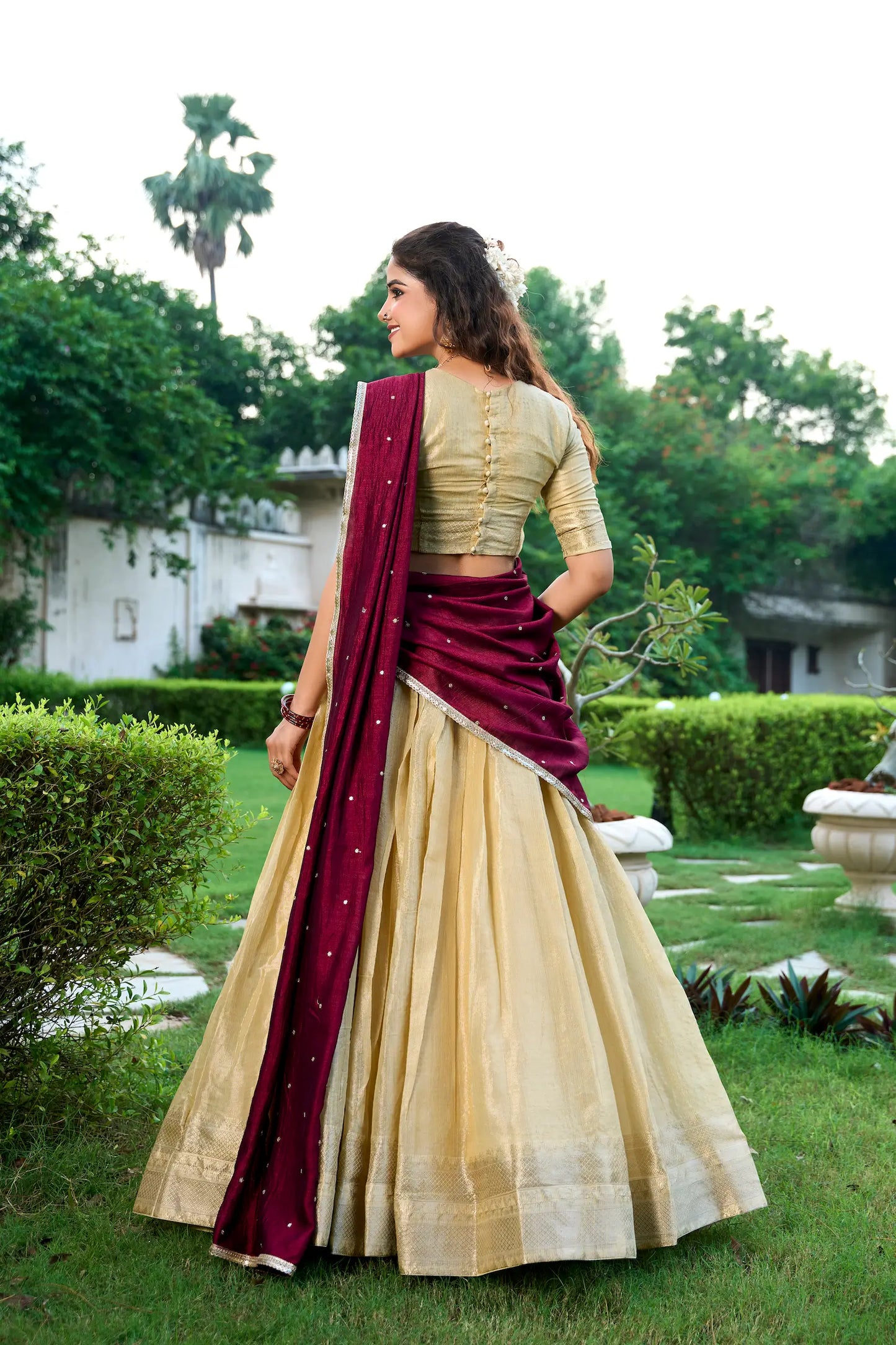 Beige Kanchipuram Zari Weaving Work Lehenga Choli