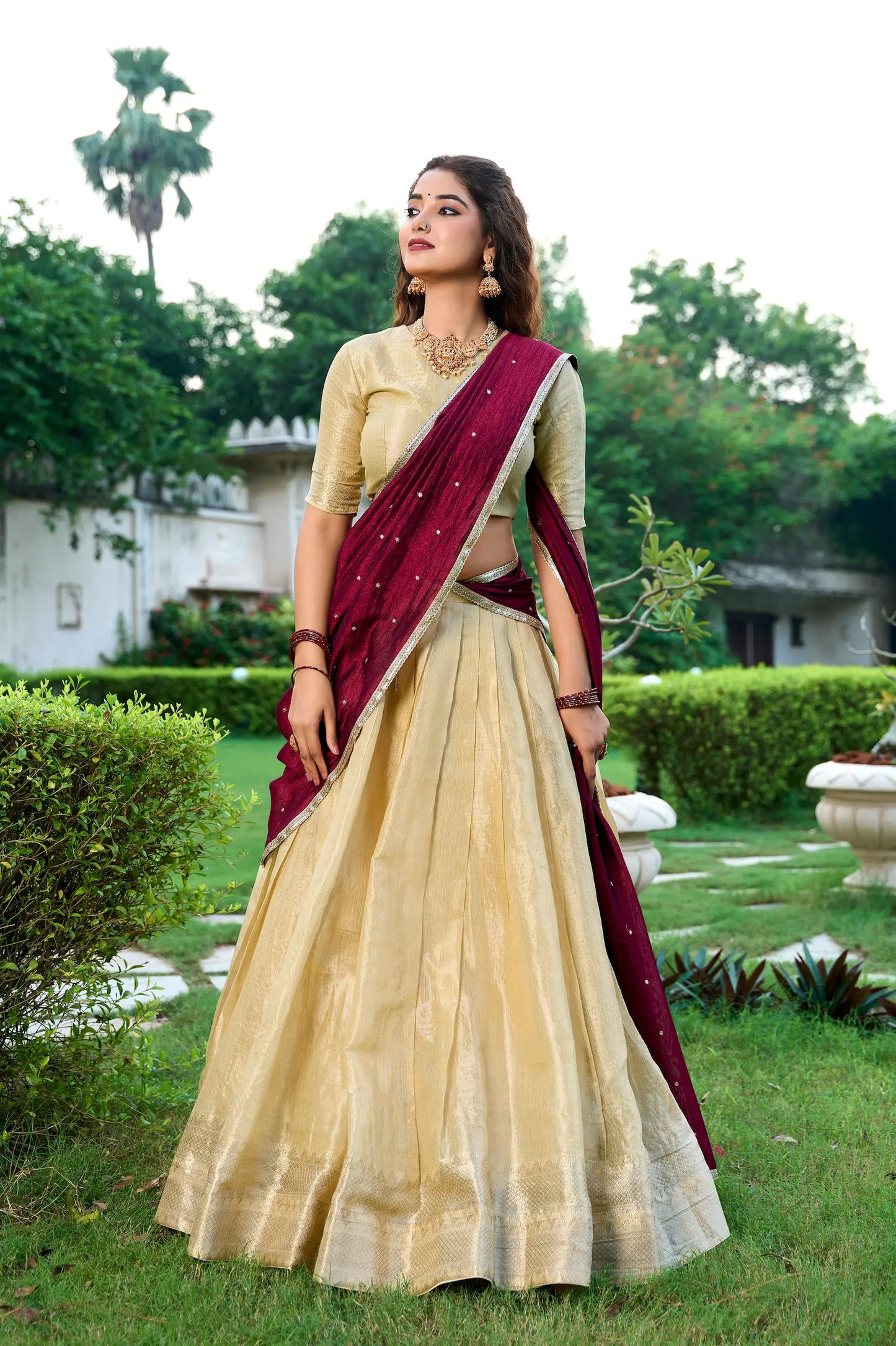 Beige Kanchipuram Zari Weaving Work Lehenga Choli