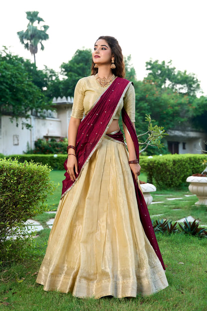 Beige Kanchipuram Zari Weaving Work Lehenga Choli