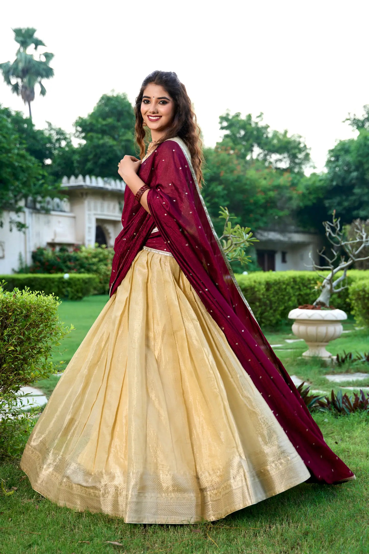 Beige Kanchipuram Zari Weaving Work Lehenga Choli