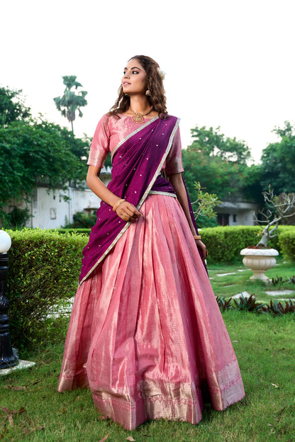 Salmon Pink Kanchipuram Zari Weaving Work Lehenga Choli