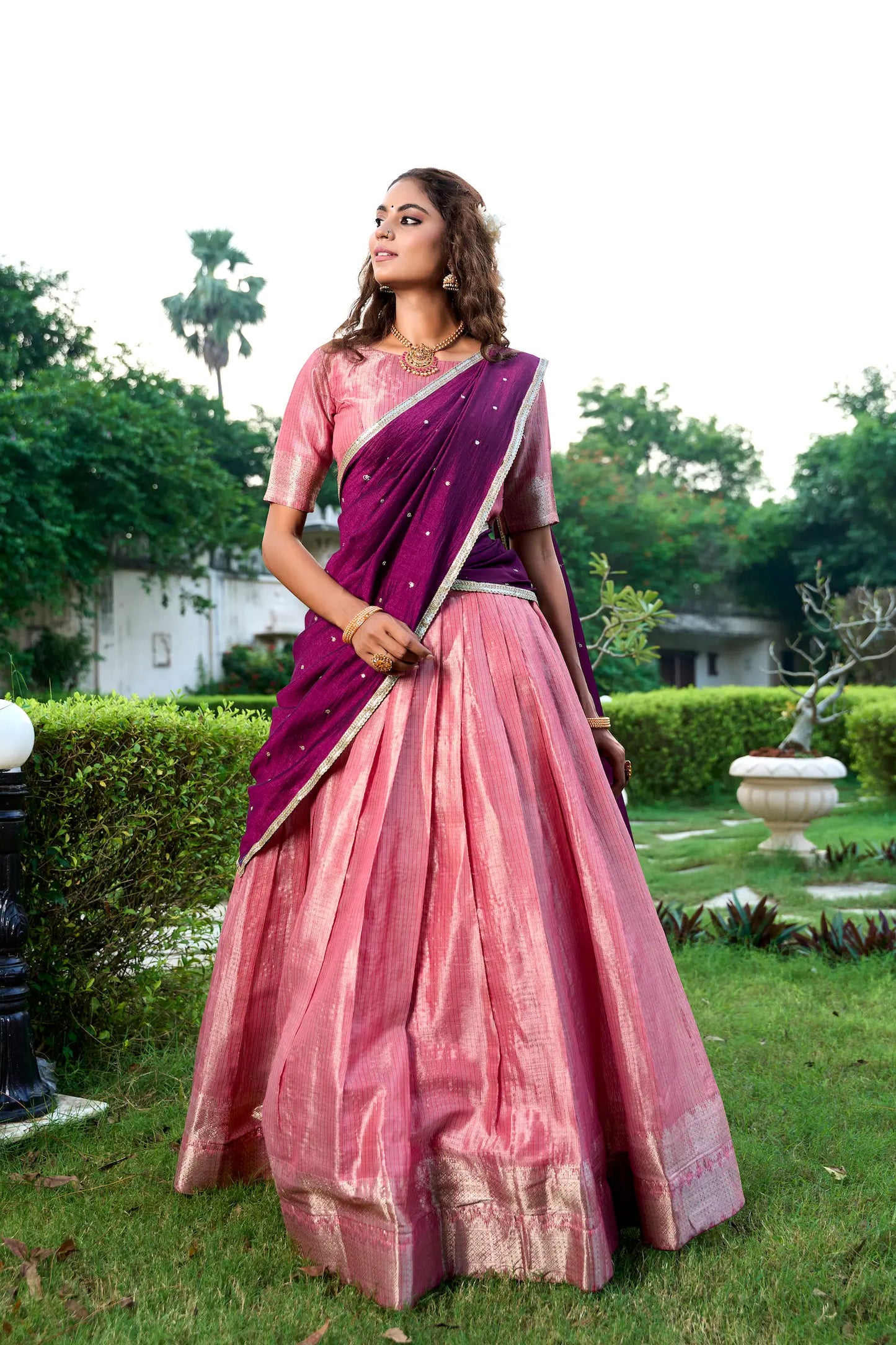 Salmon Pink Kanchipuram Zari Weaving Work Lehenga Choli