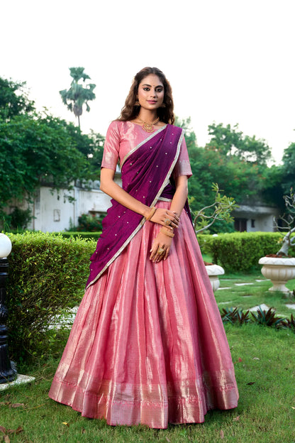 Salmon Pink Kanchipuram Zari Weaving Work Lehenga Choli