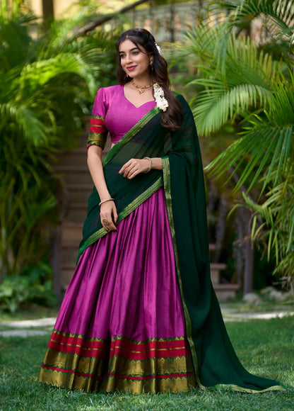 Dark Pink Poly Cotton Lehenga Choli with Zari Weaving Work