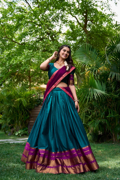 Teal Blue Poly Cotton Lehenga Choli with Zari Weaving Work