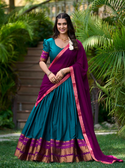 Teal Blue Poly Cotton Lehenga Choli with Zari Weaving Work