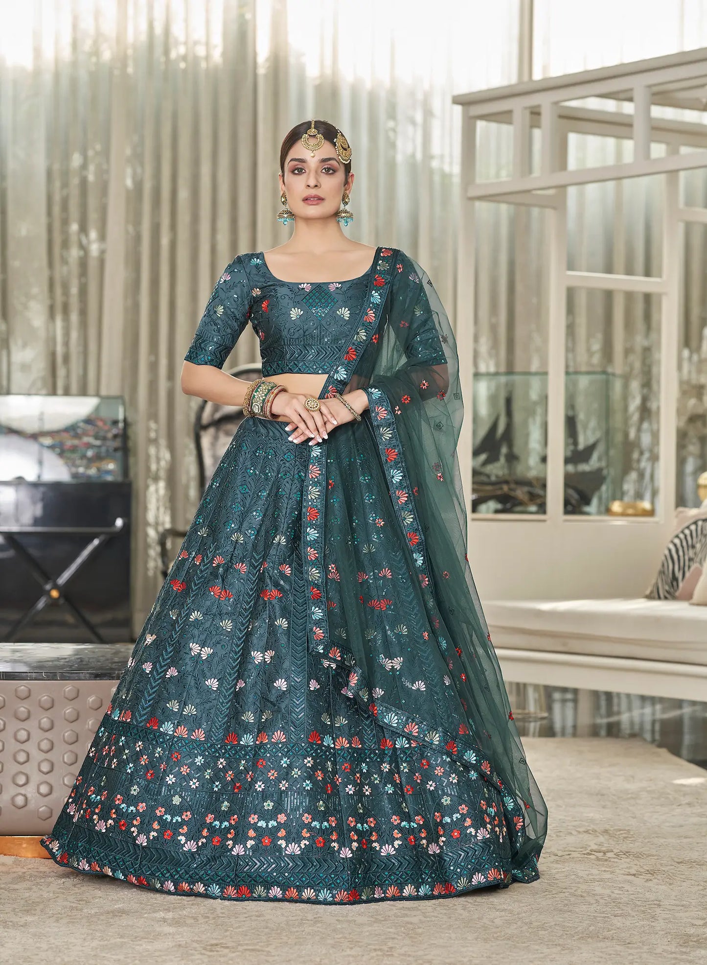 Teal Green Silk Thread with Sequence Embroidery Work Lehenga Choli