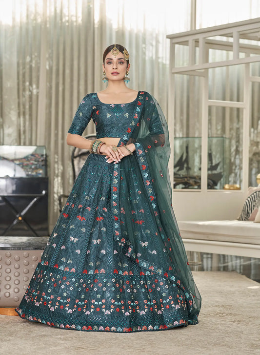 Teal Green Silk Thread with Sequence Embroidery Work Lehenga Choli