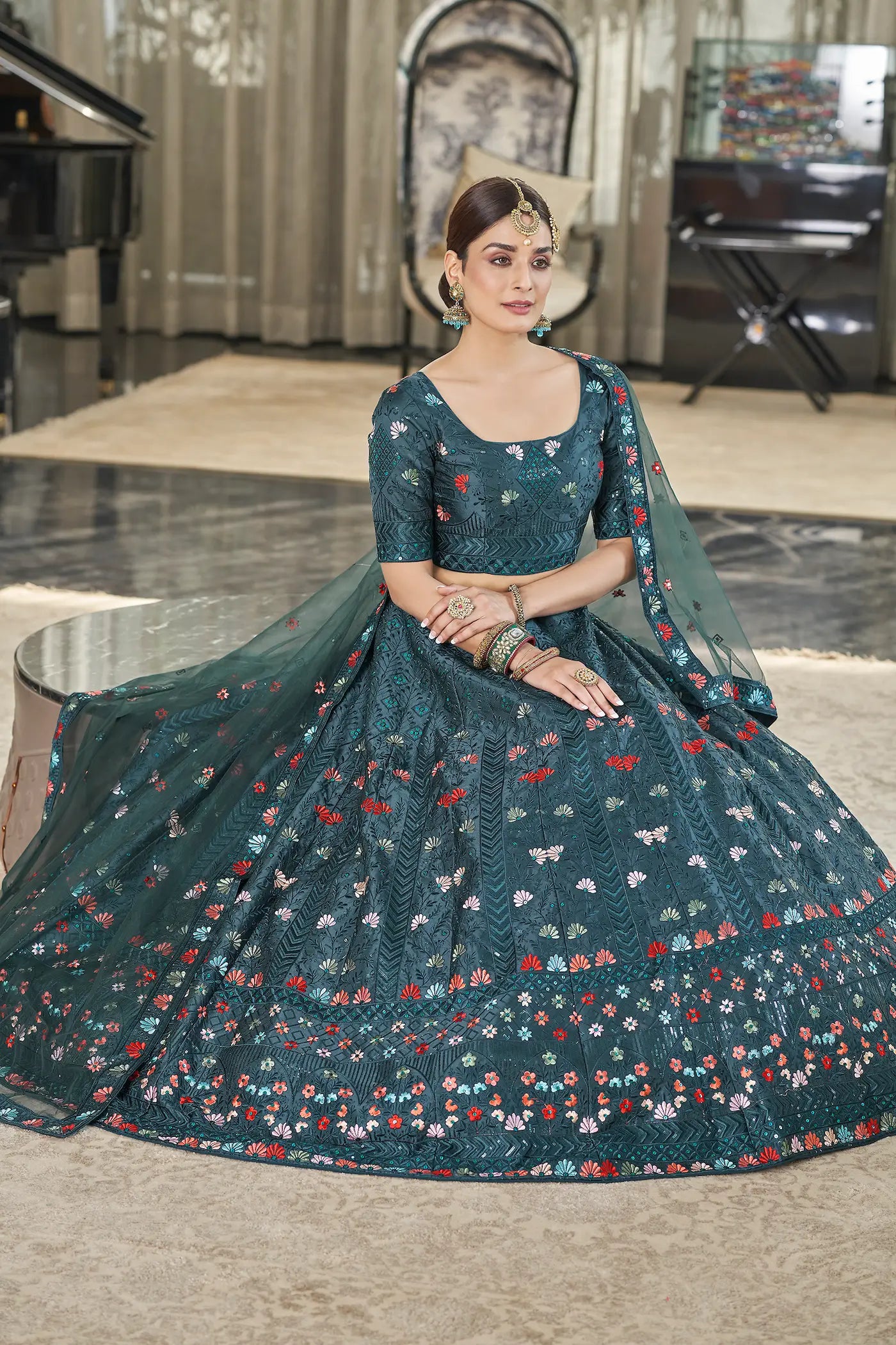 Teal Green Silk Thread with Sequence Embroidery Work Lehenga Choli