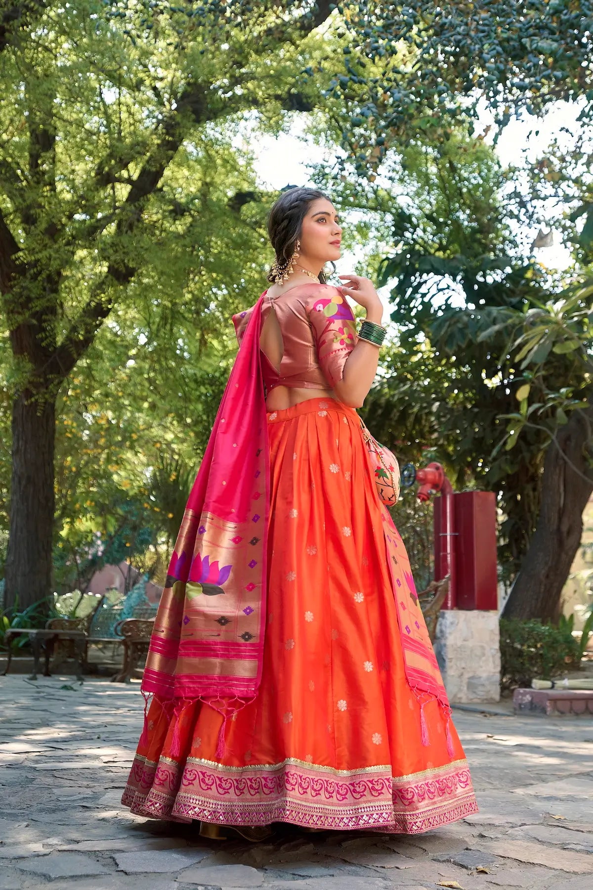 Orange Jacquard Silk Lehenga Choli With Zari Weaving  Work