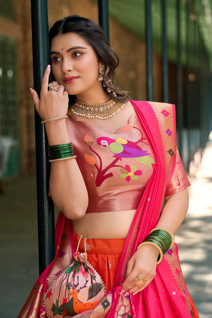 Orange Jacquard Silk Lehenga Choli With Zari Weaving  Work