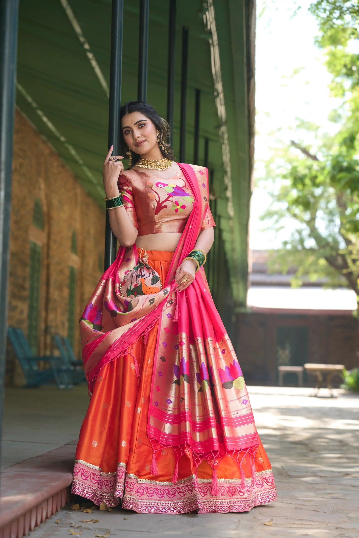 Orange Jacquard Silk Lehenga Choli With Zari Weaving  Work
