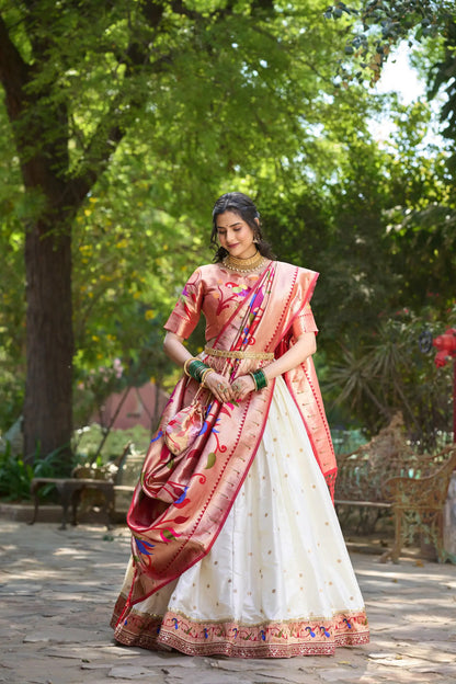 White Jacquard Silk Lehenga Choli With Zari Weaving  Work