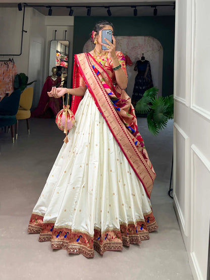 White Jacquard Silk Lehenga Choli With Zari Weaving  Work