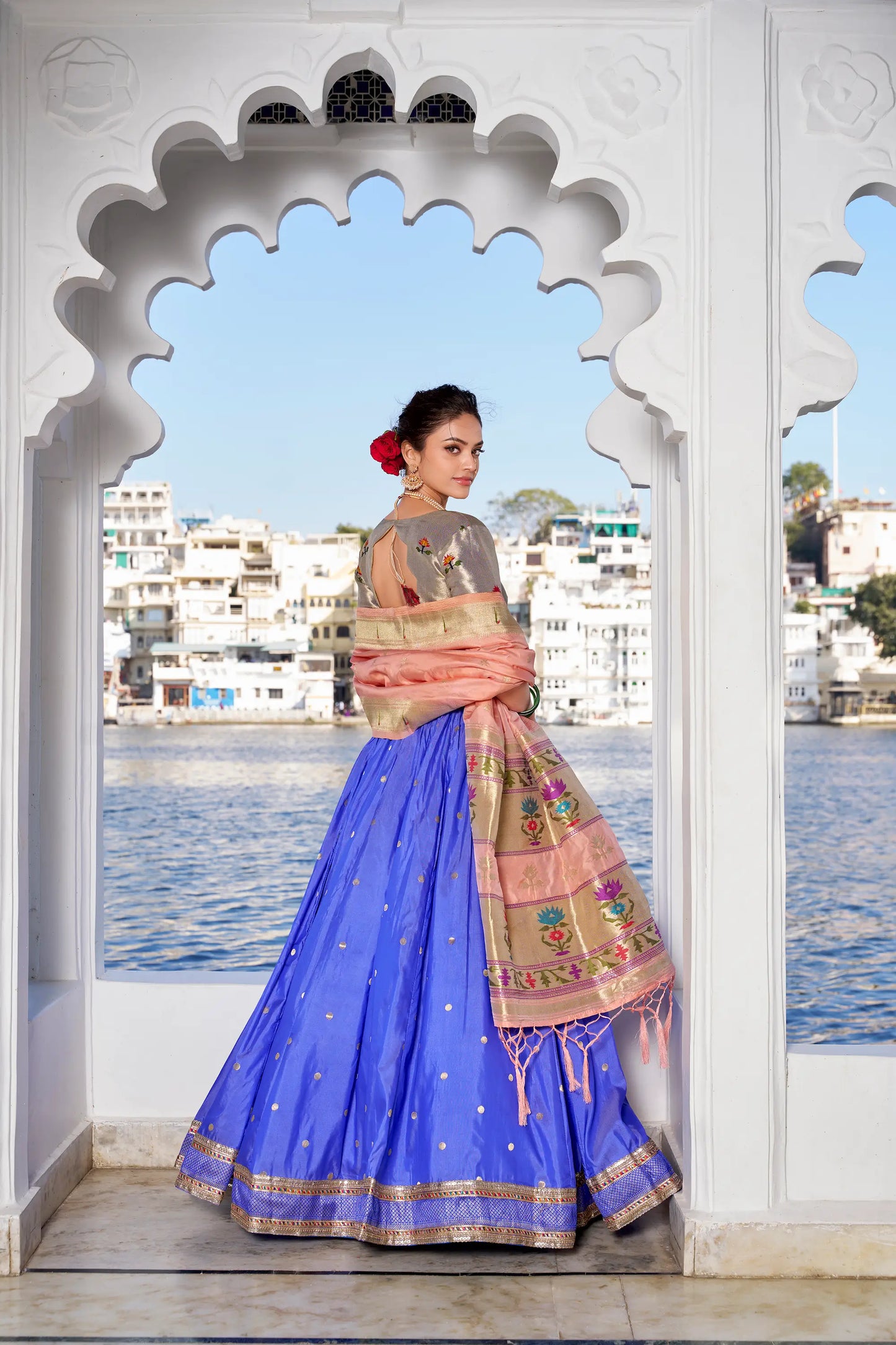 Lotus Blue Jacquard Silk Zari Weaving Paithani Lehenga Choli